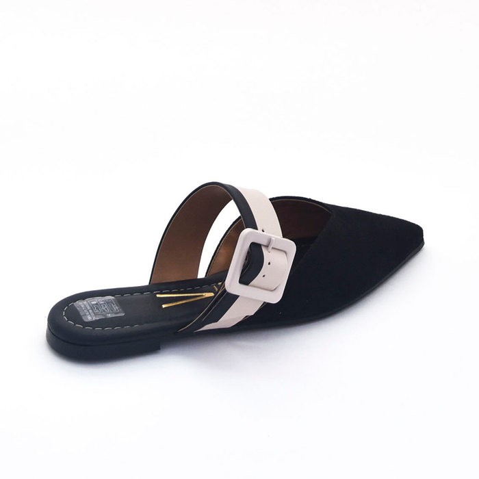 Sapato Mule Vizzano Camurça Bico Fino Detalhe Fivela Preto e Rosê