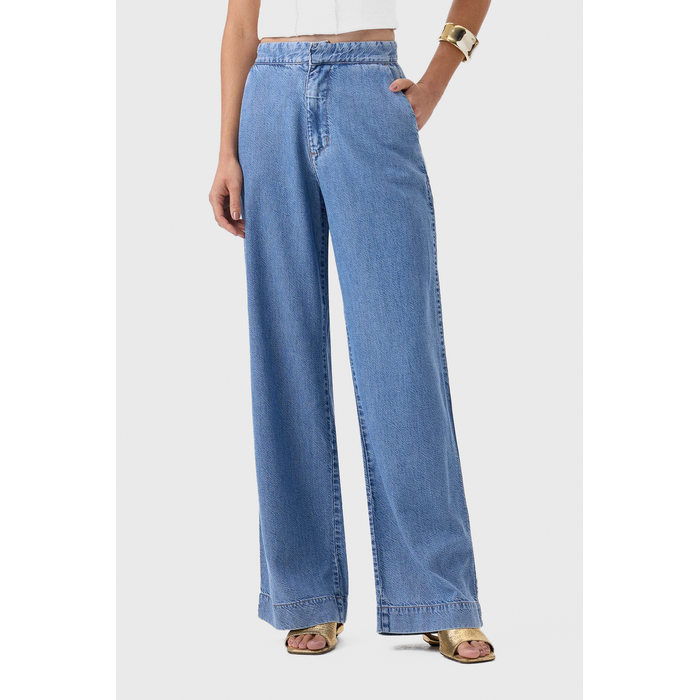Calça Jeans Flor de Lis Wide Leg Liocel Algodão Bolso Faca Azul Claro