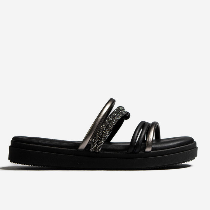 Rasteira Papete Mississipi Cabedal Tiras Metalizada Aplicação Strass Nó Preto