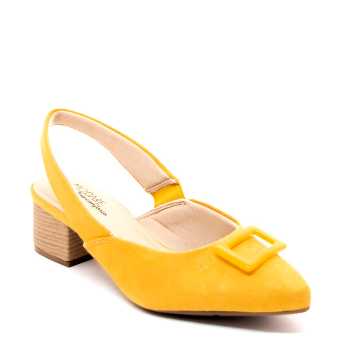 SAPATO MODARE CAMURÇA BICO FINO SALTO GROSSO CALCANHAR ABERTO DETALHE FIVELA CARAMELO