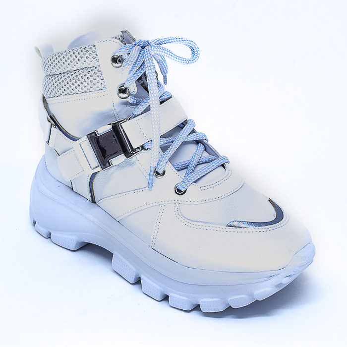 Tênis Abotinado Vizzano Detalhe Fivela com Recortes Laminado Branco e Azul