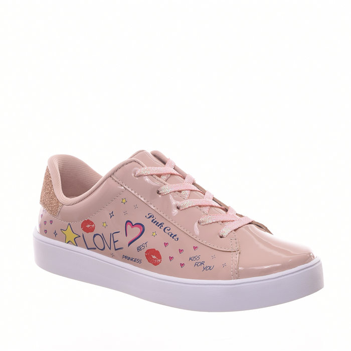 Tênis Pink Cats Estampado Detalhe Glitter Cadarço Furta Cor Verniz Rosê