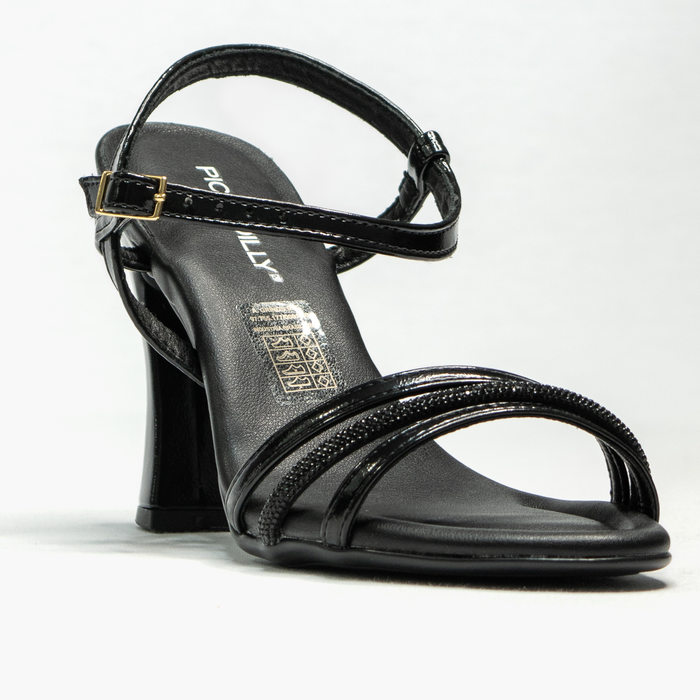 Sandália Piccadilly Tiras Detalhe Strass Fechamento Fivela Salto Alto Taça Preto