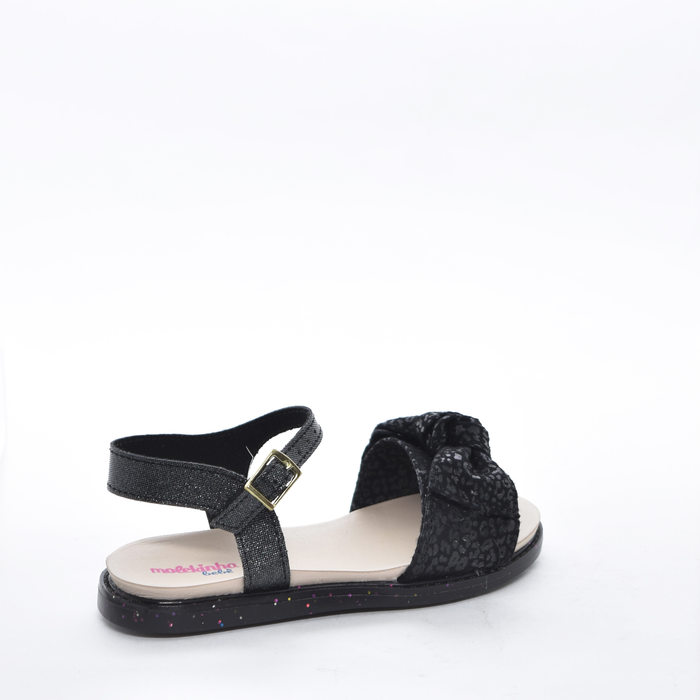 Sandália Molekinha Camurça Tira Animal Print Detalhe Laço com Brilho Preto