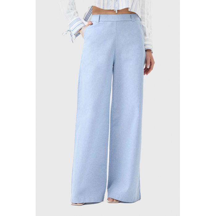 Calça Pantalona Flor de Algodão Lisa Bolso Faca Fechamento Zíper Lateral Azul Claro