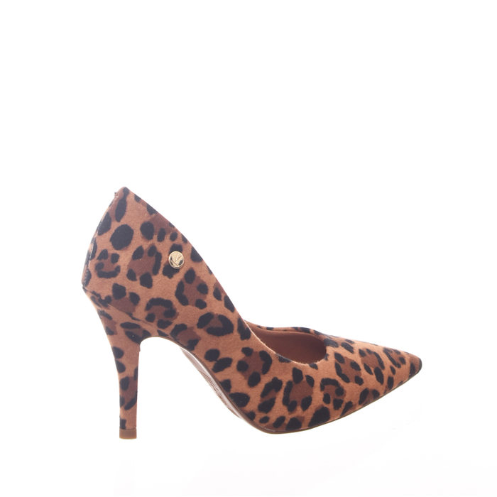 Sapato Scarpin Vizzano Bico Fino Estampado Onça Caramelo e Preto