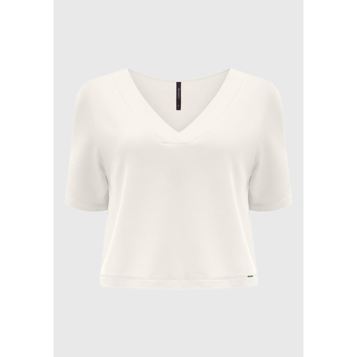 Blusa Cropped Lunender Viscose Elastano Decote V Manga Curta Lisa Off White