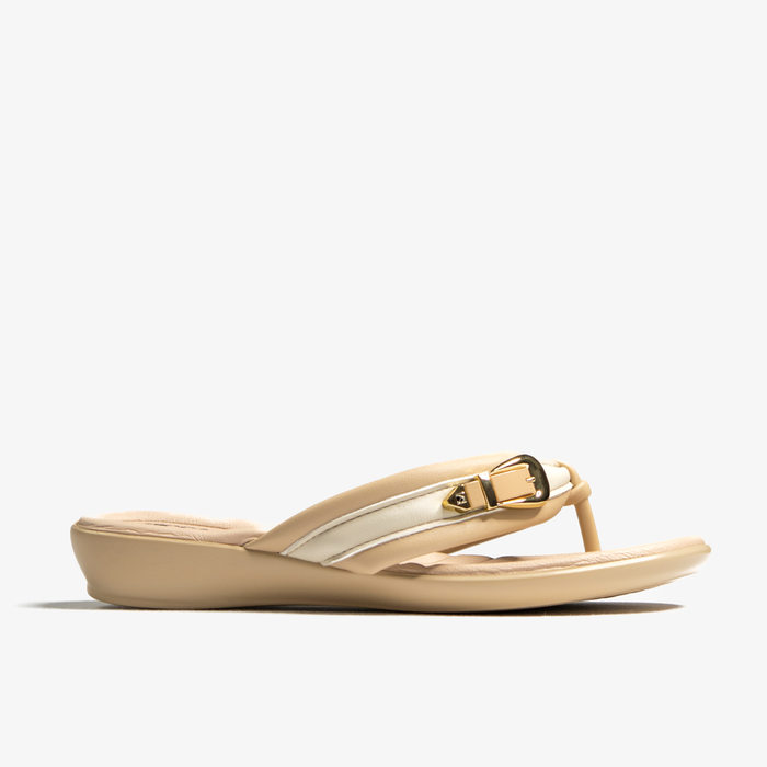 Rasteira Piccadilly Tira Bicolor Grosso Aplicação Metal Bege