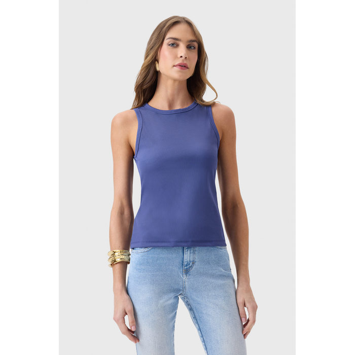 Blusa Regata Flor de Lis Poliamida Elastano Malha Canlenada Lisa Azul