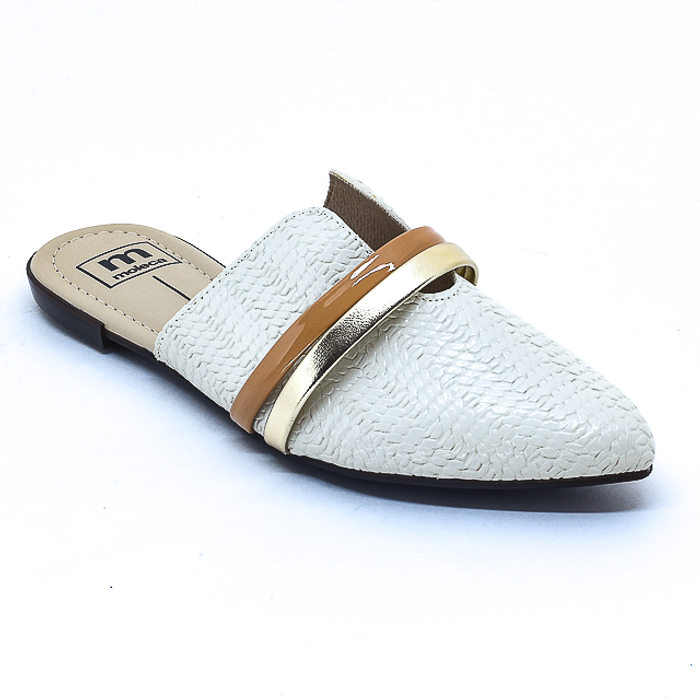Sapato Mule Moleca Verniz Cabedal Tressê Vazado com Duas Tiras Off White