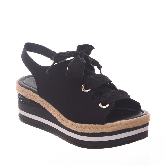 Sandália Bebecê Detalhe Corda e Glitter Salto Anabela com Amarração Camurça Preta