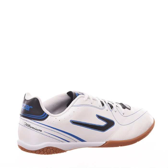 Chuteira Futsal Topper Titanium 6 Detalhe Costura Branco e Azul