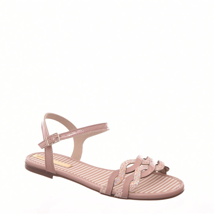 Sandália Rasteira Molekinha Sola Listrada Detalhe Glitter Verniz Rosa