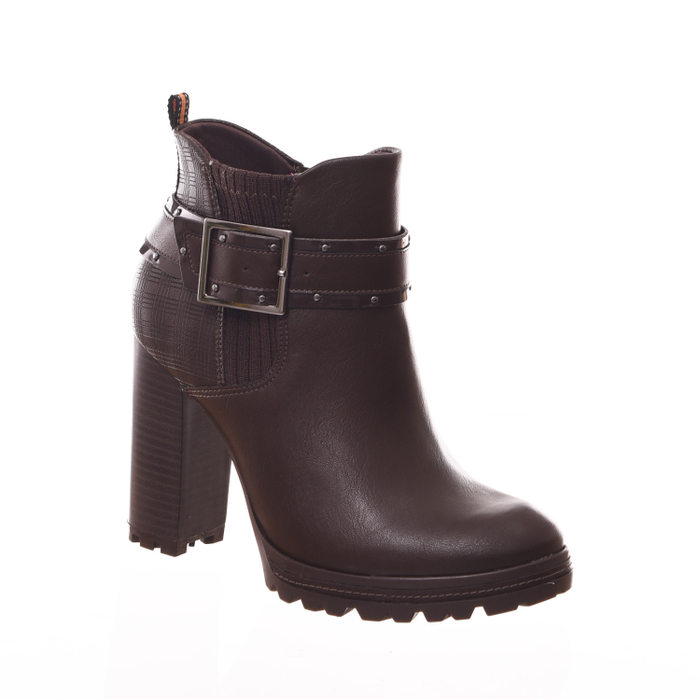 Bota Ankle Boot Ramarim Salto Grosso Tratorada Detalhe Lycra Fivela Marrom