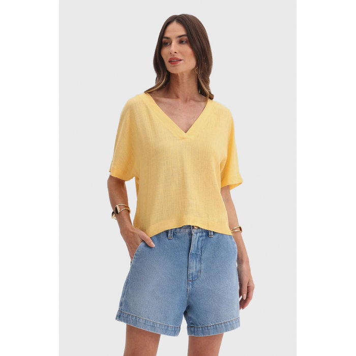 Blusa Flor de Lis Viscose Linho Decote V Manga Curta Lisa Amarelo
