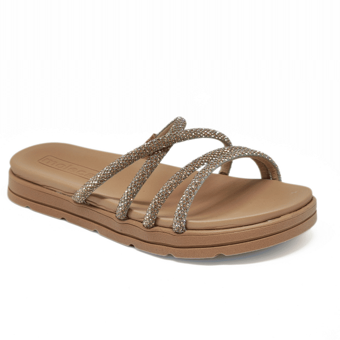 Rasteira Papete Moleca Cabedal Tiras Transpassada Aplicação Strass Solado Tratorado Nude