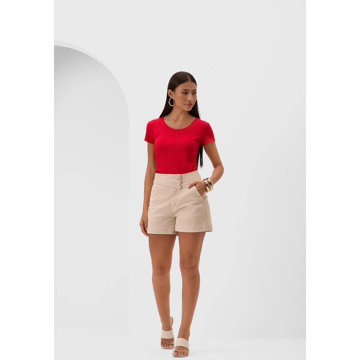 Blusa Lunender Viscose Elastano Malha Canelada Manga Curta Básica Rosa Claro