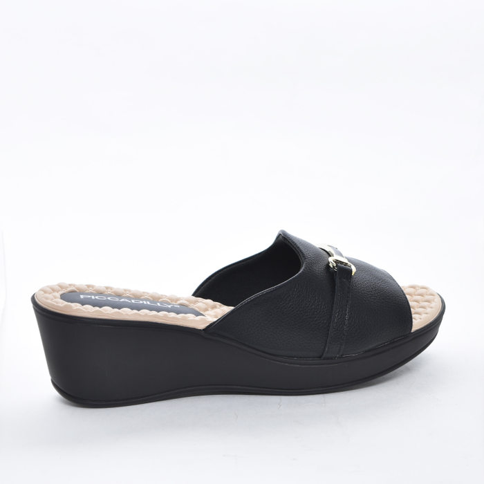 Tamanco Piccadilly Tecnologia Wide Fit Cabedal Detalhe Metal Salto Baixo Preto