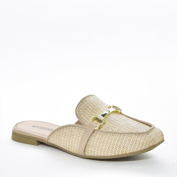 Sapato Mule Mississipi Bico Quadrado Cabedal Linhão Detalhe Metal Nude