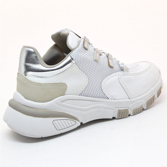 Tênis Chunky Via Marte Tela com Recortes Croco Metalizado Branco