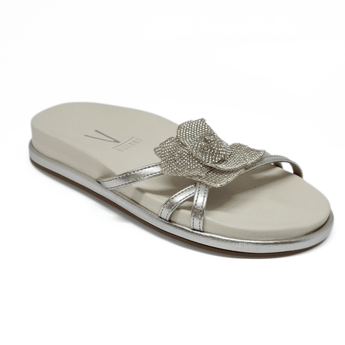 Rasteira Papete Vizzano  Cabedal Tiras Metalizada Transpassada Aplicação Flor Strass Prata