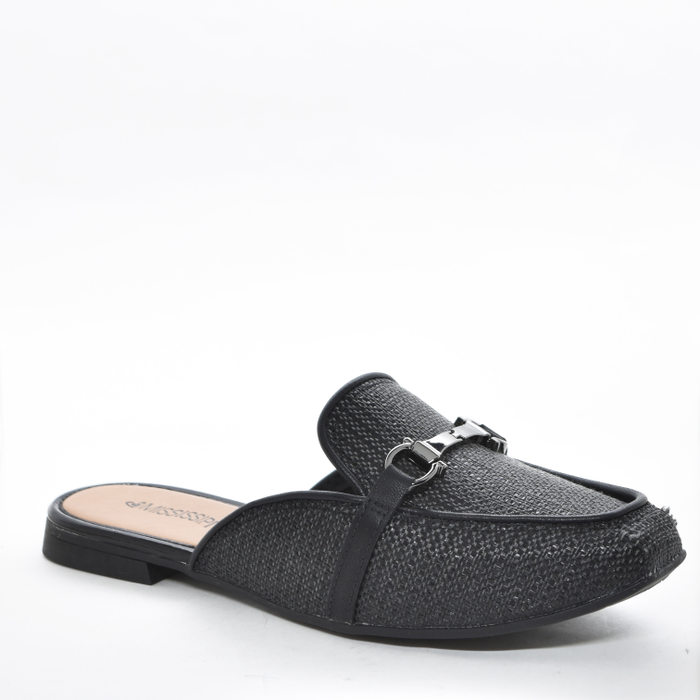 Sapato Mule Mississipi Bico Quadrado Cabedal Linhão Detalhe Metal Preto