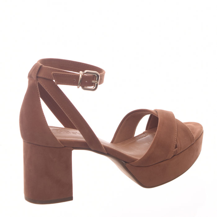 Sandália Meia Pata Bebecê Calcanhar Fechado Salto Grosso Camurça Caramelo