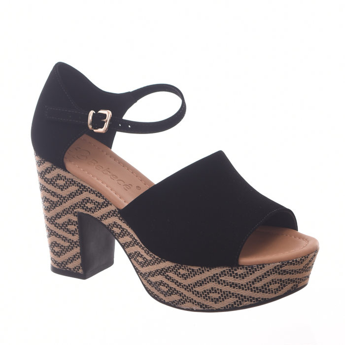 Sandália Meia Pata Bebecê Salto Grosso Estampado Calcanhar Fechado Nobuck Preta