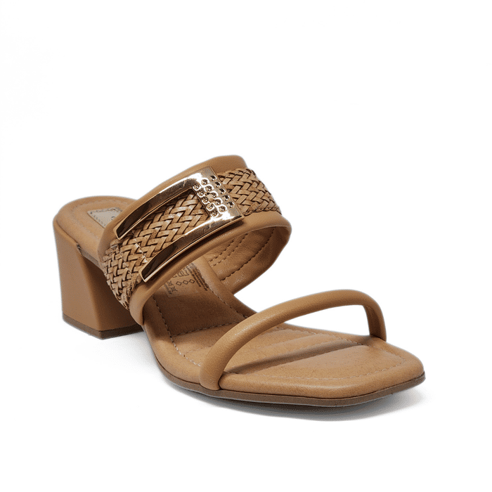 Tamanco Mississipi Cabedal Tiras Trançada Aplicação Metal Salto Baixo Grosso Bege