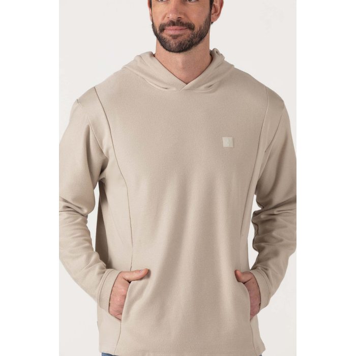 Blusão Dlz com Capuz Algodão Liso Aplicação Bordado Logo Bolso Canguru Bege
