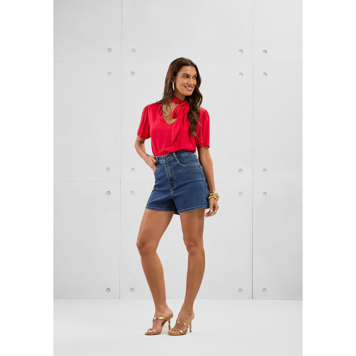 Short Jeans Lunender Mom Algodão Chapa Barriga com Bolso Azul Médio