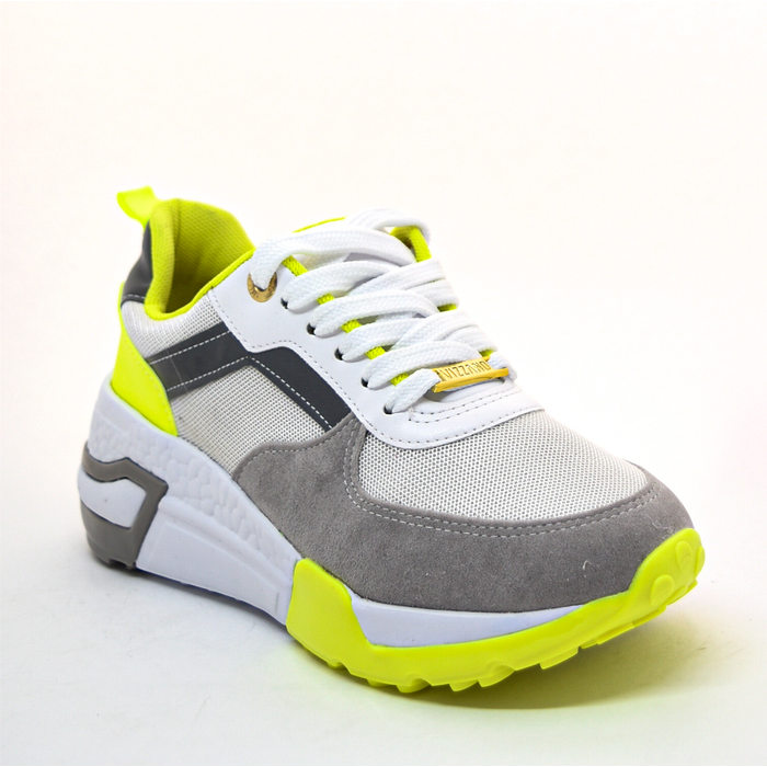 Tênis Chunky Vizzano Detalhe Recortes Refletivo Camurça Napa Floather Branco e Verde Neon