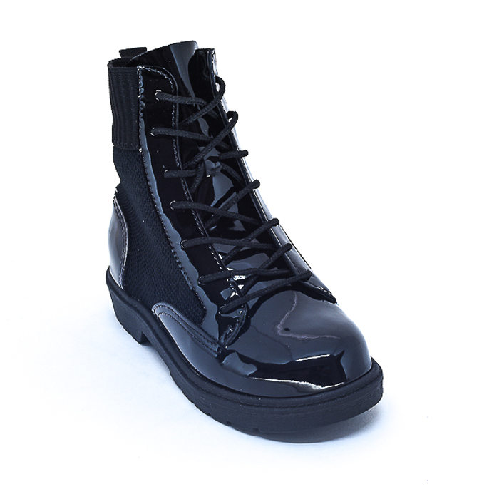 Bota Coturno Molekinha Verniz com Recortes Malha Solado Tratorado Preto