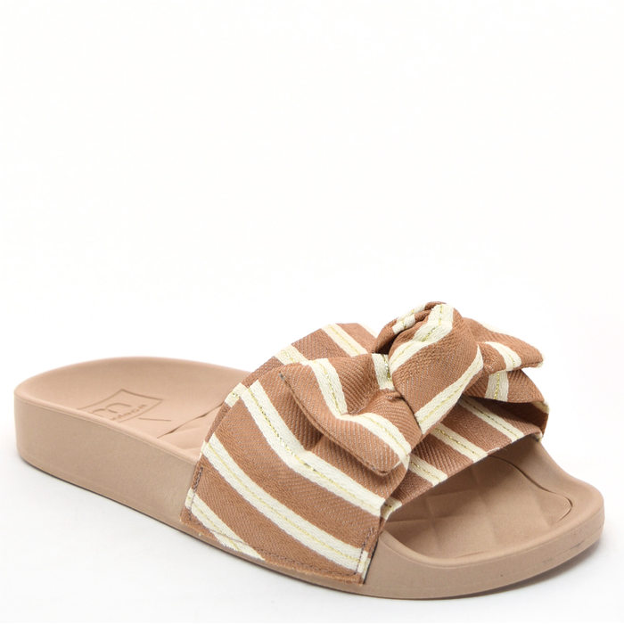 Chinelo Slide Moleca Listrado com Laço Rosê e Off White