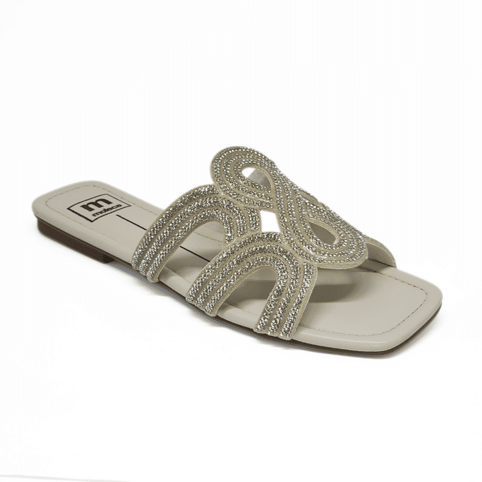 Rasteira Moleca Bico Quadrado Cabedal Abstrato Vazado Aplicação Strass Off White