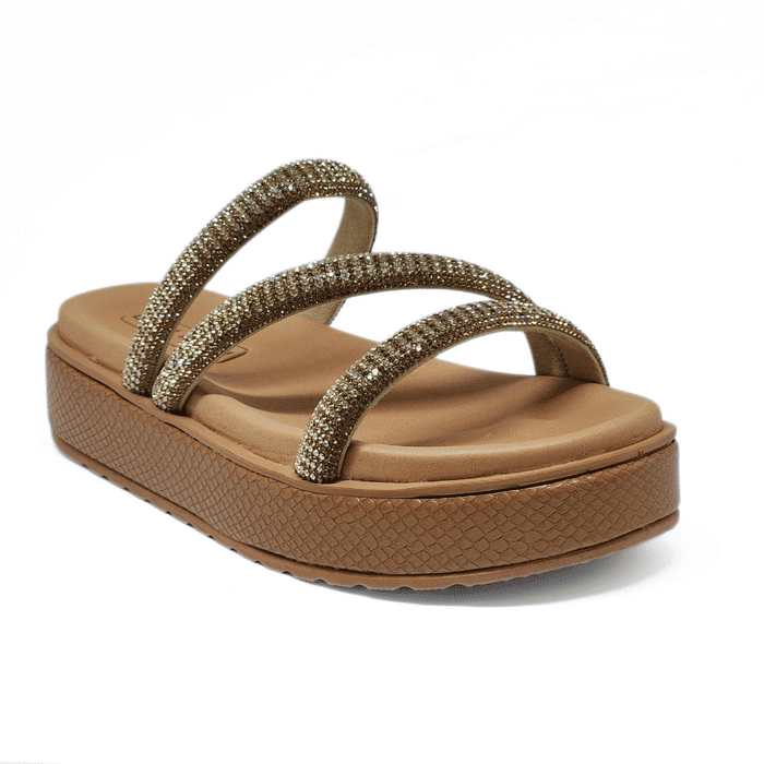 Rasteira Papete Ramarim Tiras Strass Solado Mini croco Caramelo