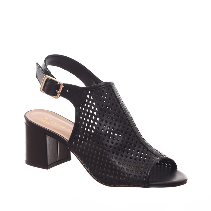 Sandália Open Boot Giulia Domna Salto Grosso Couro com Microperfuros Preta