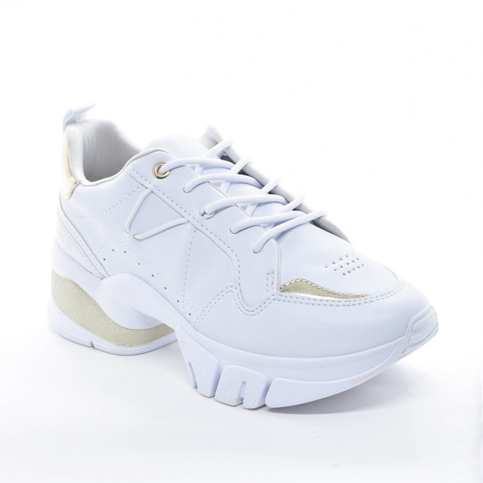 Tênis Chunky Ramarim com Recortes Pesponto Microperfuros Detalhe Escrita Metalizado Dourado Branco