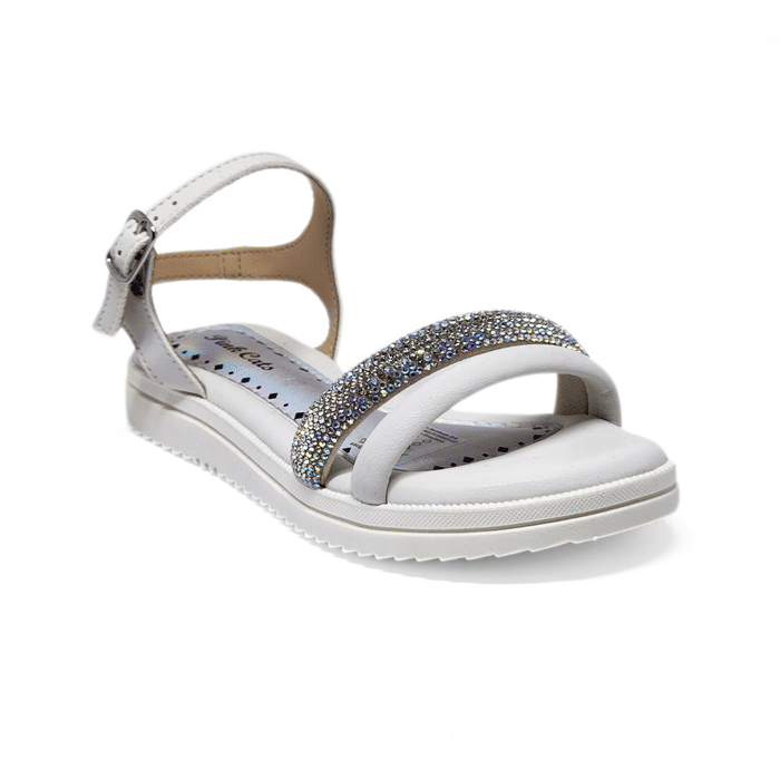 Sandália Papete Pink Cats Cabedal Tiras Strass Solado Tratorado Fechamento Fivela Branco