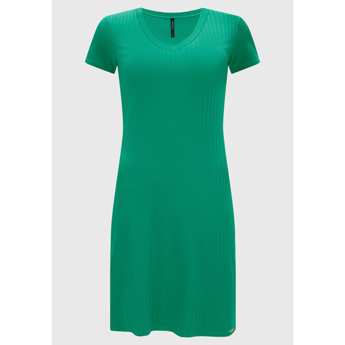 Vestido Longuete Lunender Malha Canelada Manga Curta Verde