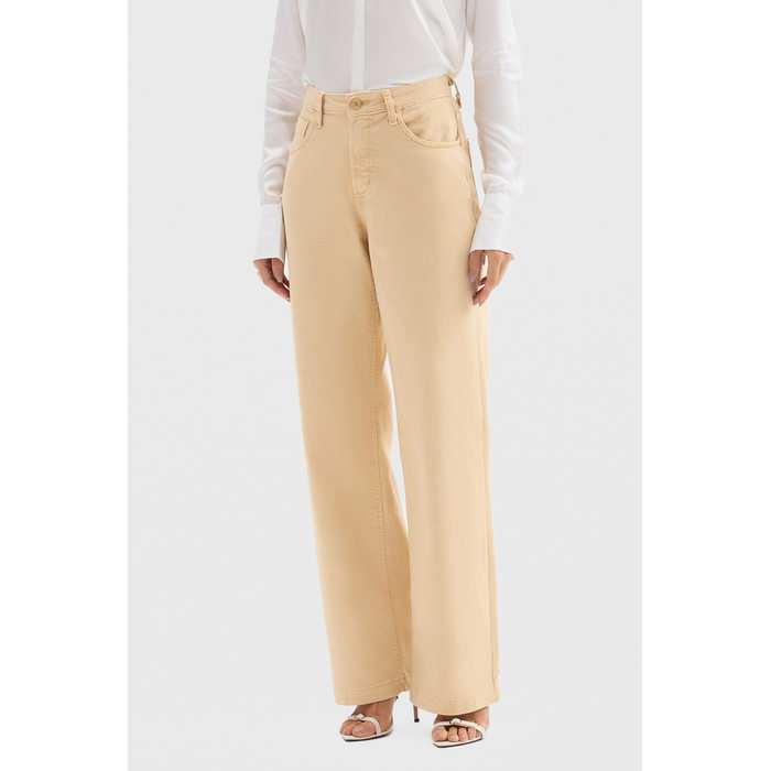 Calça Flor de Lis Wide Leg Algodão Elastano Lisa com Bolso Bege