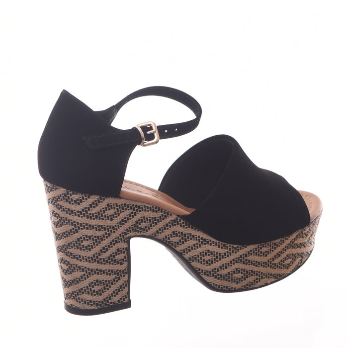 Sandália Meia Pata Bebecê Salto Grosso Estampado Calcanhar Fechado Nobuck Preta