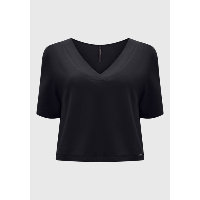 Blusa Cropped Lunender Viscose Elastano Decote V Manga Curta Lisa Preto