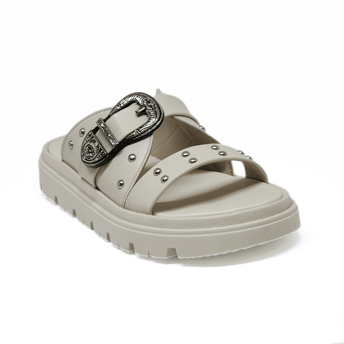 Chinelo Birken Moleca Cabedal Aplicação Metal com Fivela Off White