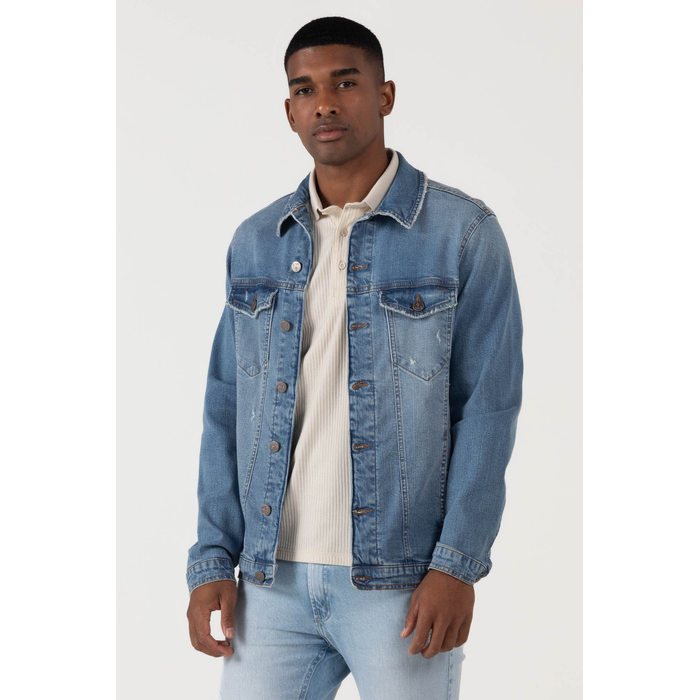 Jaqueta Jeans Dlz Algodão Gola Colarinho Lisa com Bolsos Azul Médio