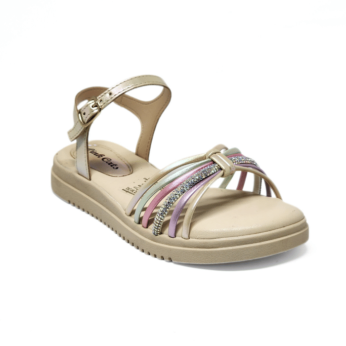 Sandália Papete Pink Cats Cabedal Tiras Nó Aplicação Strass Solado Tratorado Fechamento Fivela