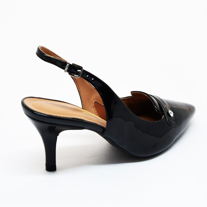 Sapato Chanel Vizzano Salto Fino Verniz Calcanhar Aberto Detalhe Strass Preto