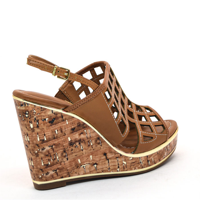 SANDÁLIA ANABELA VIZZANO CABEDAL VAZADO CORTIÇA COM FILETE DOURADO CARAMELO