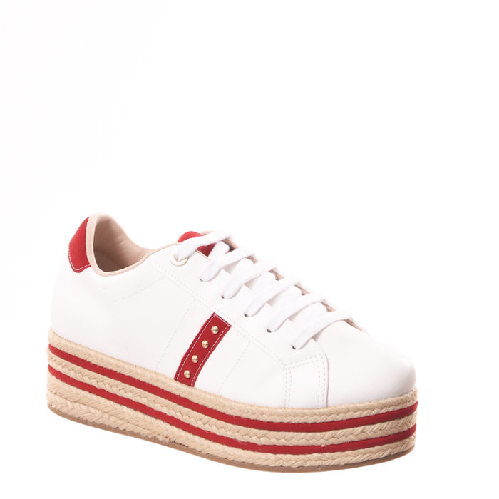Tênis Bebecê Flatform Salto Detalhe Corda Listra Lateral Branco e Vermelho