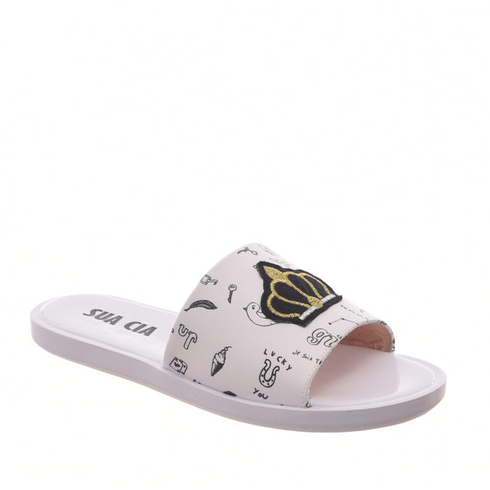 Chinelo Slide Sua Cia Estampado Aplicação Coroa Branco e Preta